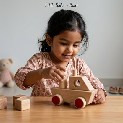 Wooden boat pull-along toy for toddlers, supporting tactile play and hand-eye coordination.