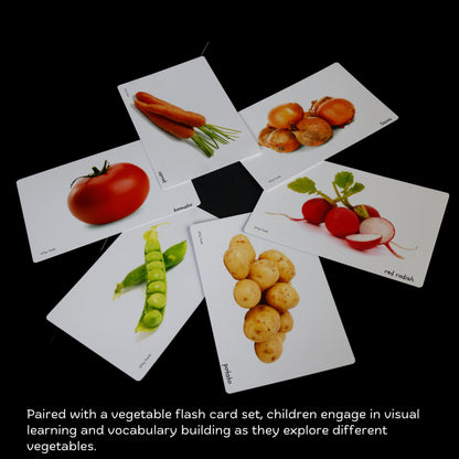 Vegetable flash cards from Wooden Roll & Learn Set for toddler vocabulary learning.
