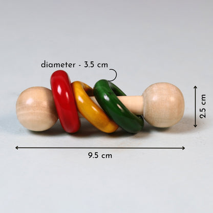 Wooden Dumbbell Rattle measurement details showing easy-grip shape for babies.