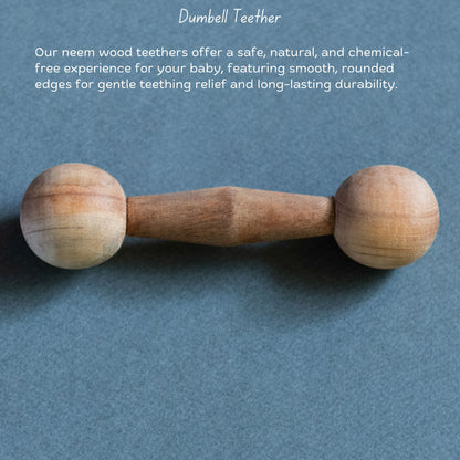 Wooden Dumbbell Teether made from neem wood by The Toy Trunk, safe non-toxic teething toy for babies 3 to 12 months