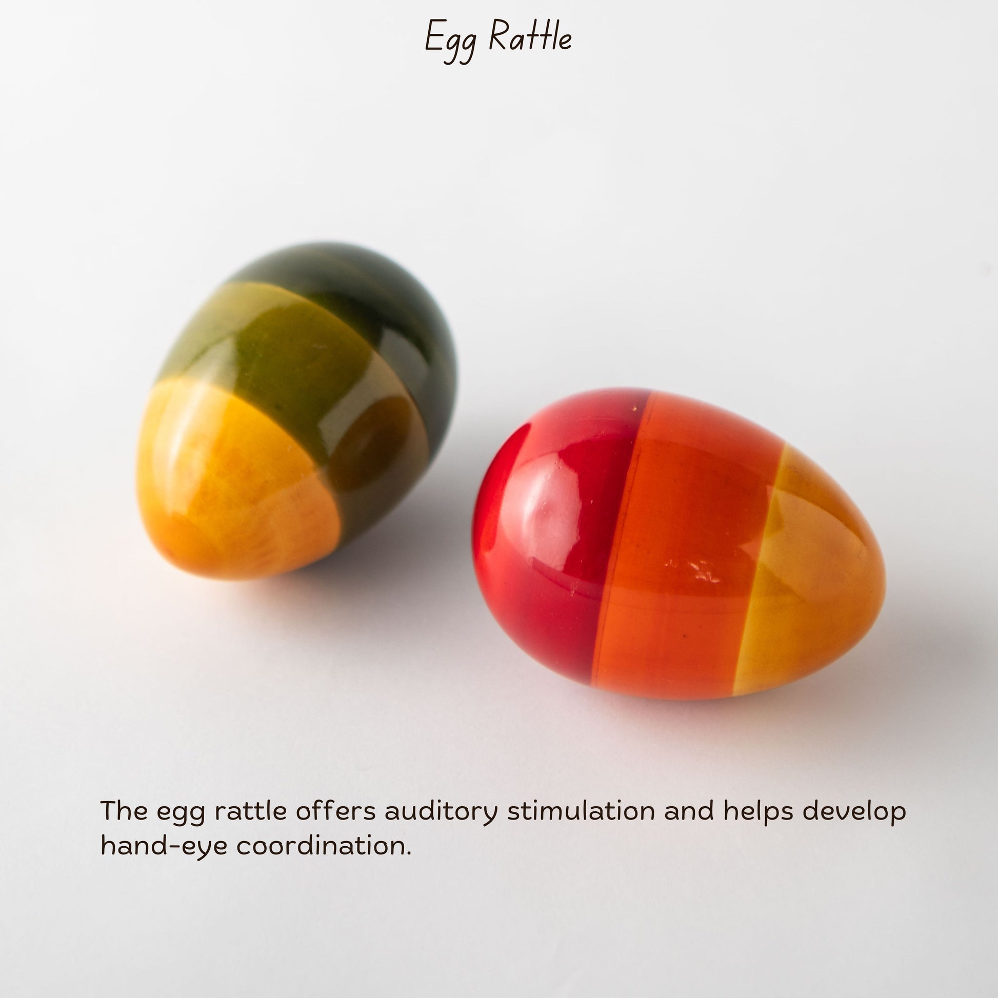 Close-up of Wooden Egg Rattle with smooth finish for baby sensory play and auditory awareness.