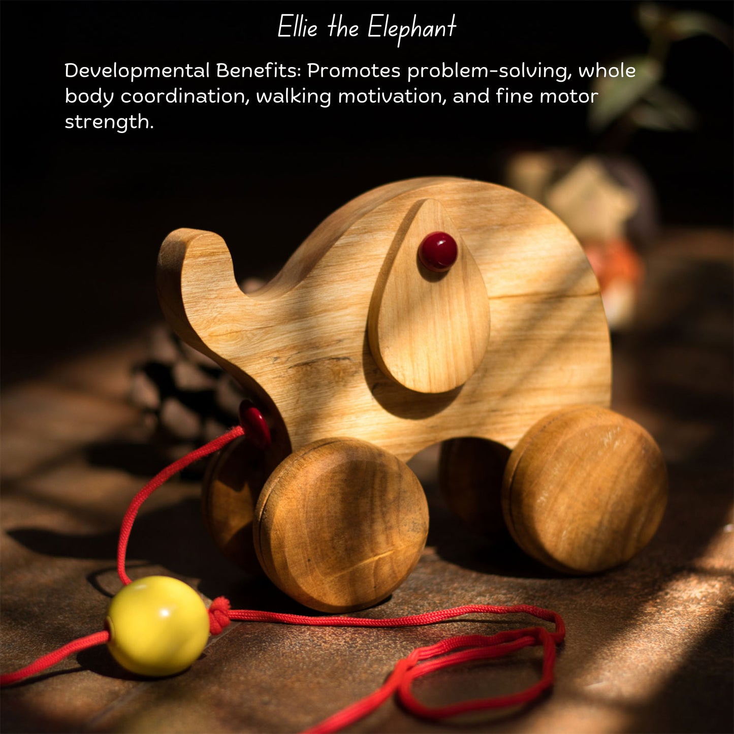 Wooden Ellie the Elephant for toddlers by The Toy Trunk with benefits, a handmade, eco-friendly animal & elephant toy, safe for toddlers, promotes coordination & motor skills