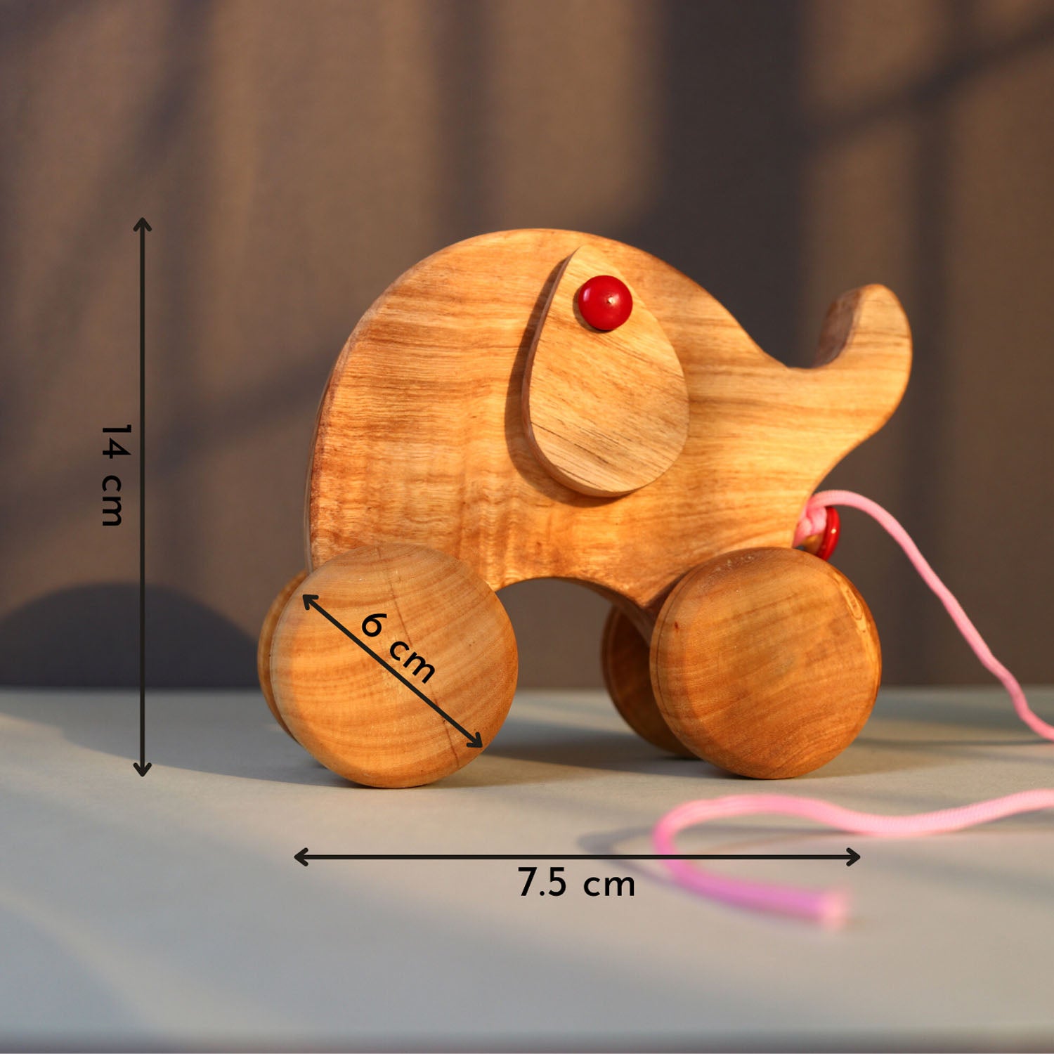 Wooden Ellie the Elephant measurements – handmade playful wooden elephant toy promoting coordination, sensory exploration & early learning