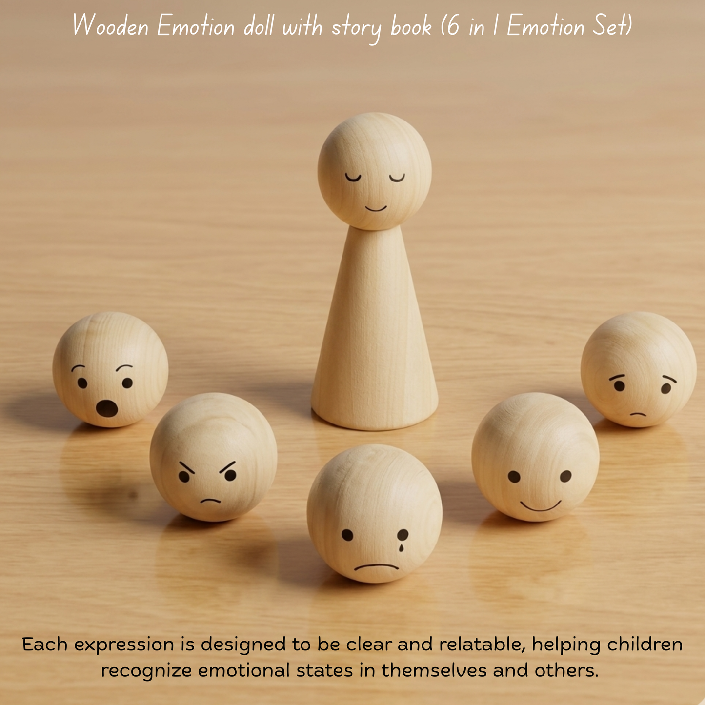 Wooden emotion heads showing feelings for kids to learn emotional recognition.