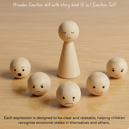 Wooden emotion heads showing feelings for kids to learn emotional recognition.