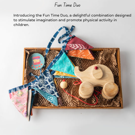 Wooden Fun Time Duo The Toy Trunk – colorful fabric bunting with Ellie the elephant pull toy for toddlers 1–2 years