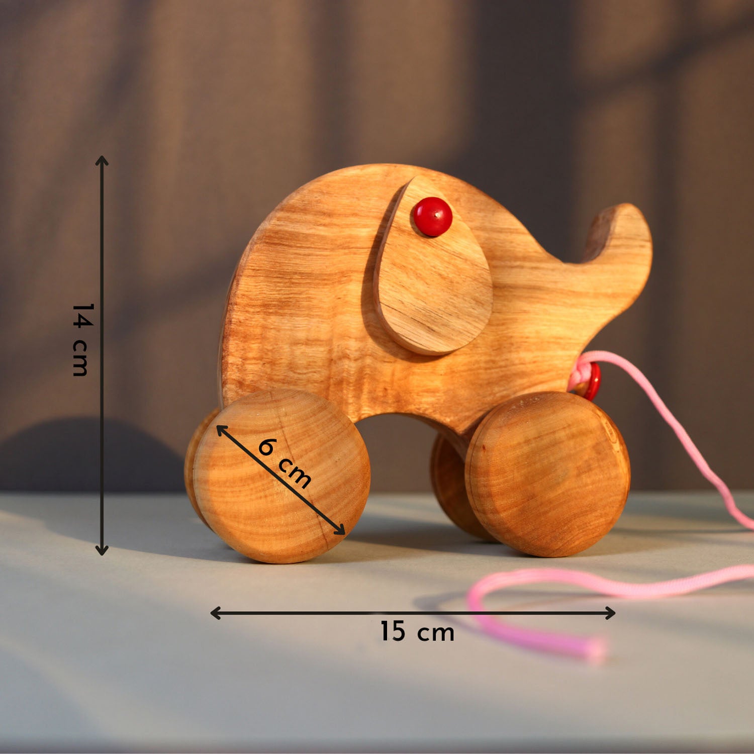 Ellie the Elephant wooden pull toy measurement details from Wooden Fun Time Combo.