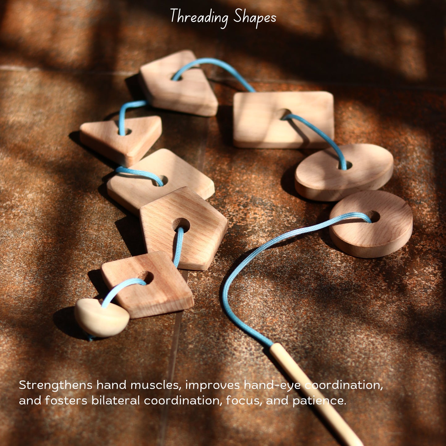 Wooden Giant Montessori Box The Toy Trunk – threading geometric shapes with wooden needle to improve fine motor skills
