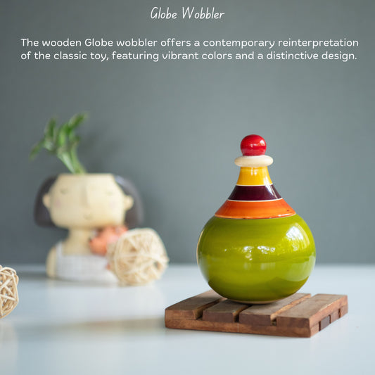 Wooden Globe Wobbler for kids made from neem wood by The Toy Trunk – handmade, Montessori-inspired wobbling toy with vibrant natural colors