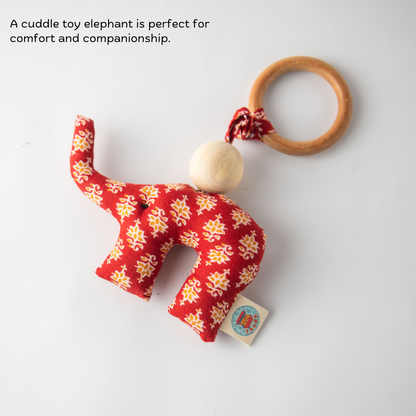 Soft fabric elephant toy from Wooden Jolly Jingle Baby Gift Box for tactile play.