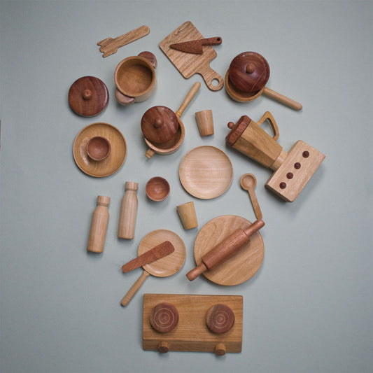 Wooden Kitchen Set by The Toy Trunk – handmade Montessori wooden toy kitchen for kids to develop creativity, role play & fine motor skills
