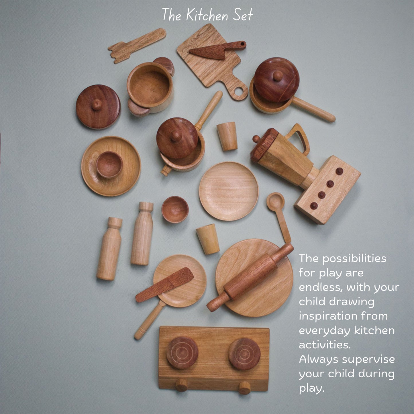 Wooden Kitchen Set by The Toy Trunk – handmade Montessori wooden toy kitchen for toddlers to develop creativity, role play & fine motor skills