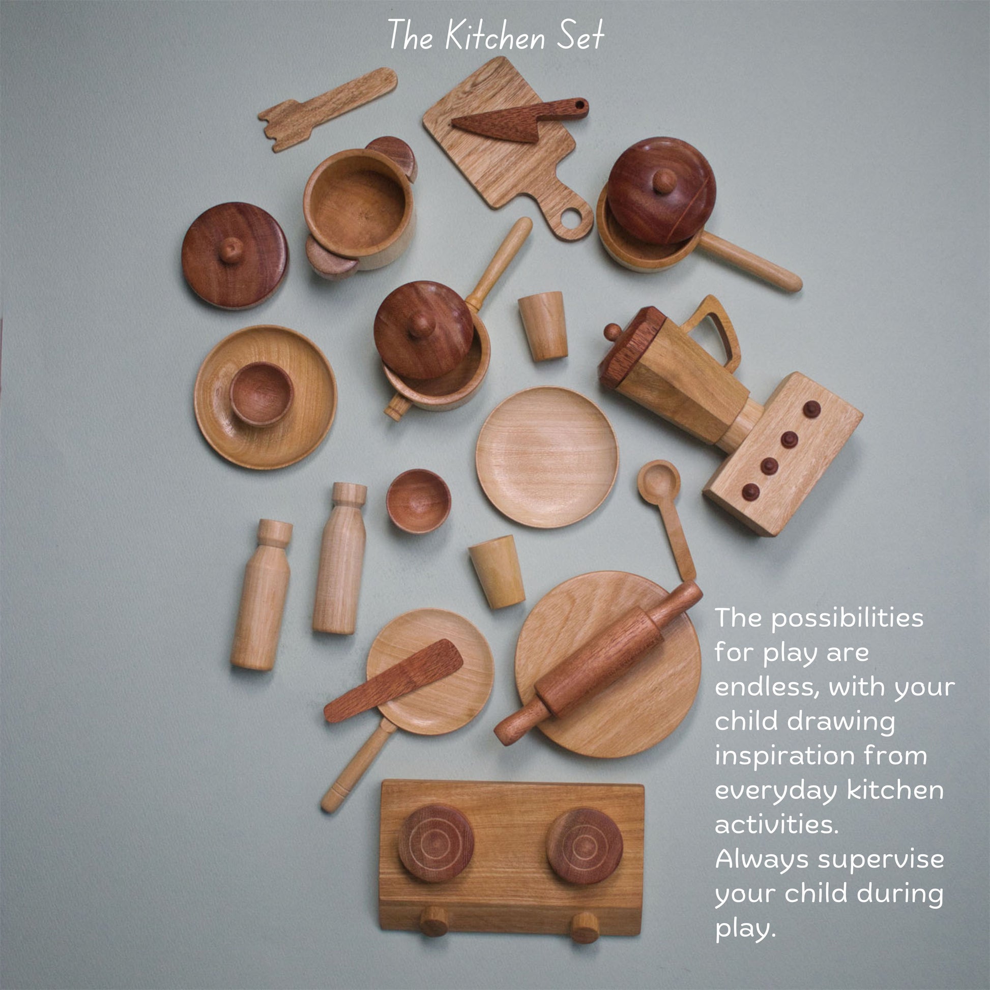 Wooden Kitchen Set by The Toy Trunk – handmade Montessori wooden toy kitchen for toddlers to develop creativity, role play & fine motor skills