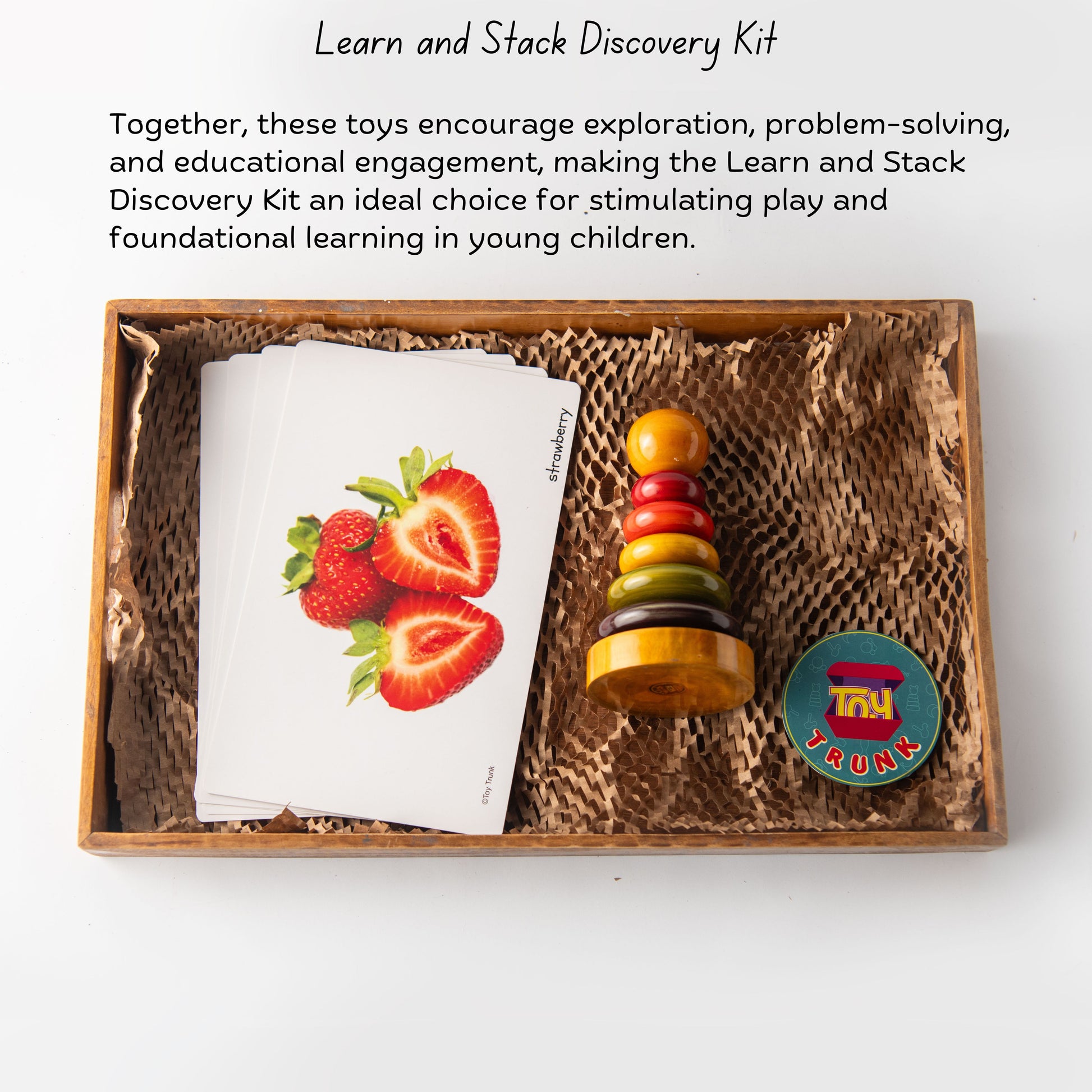 Wooden Learn and Stack Discovery Kit The Toy Trunk – ring stacker and fruit flash cards for toddlers, Montessori wooden toy with benefits