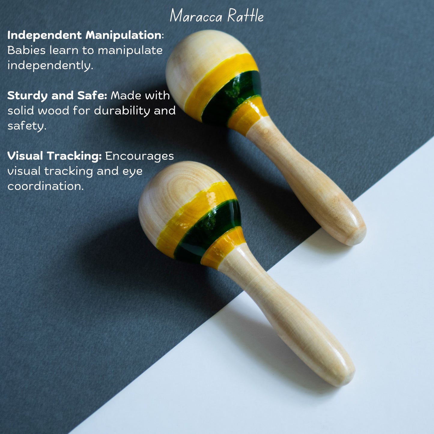 Wooden Maraca Rattle Set of 2 benefits for babies, supporting rhythm, grip and colour recognition.