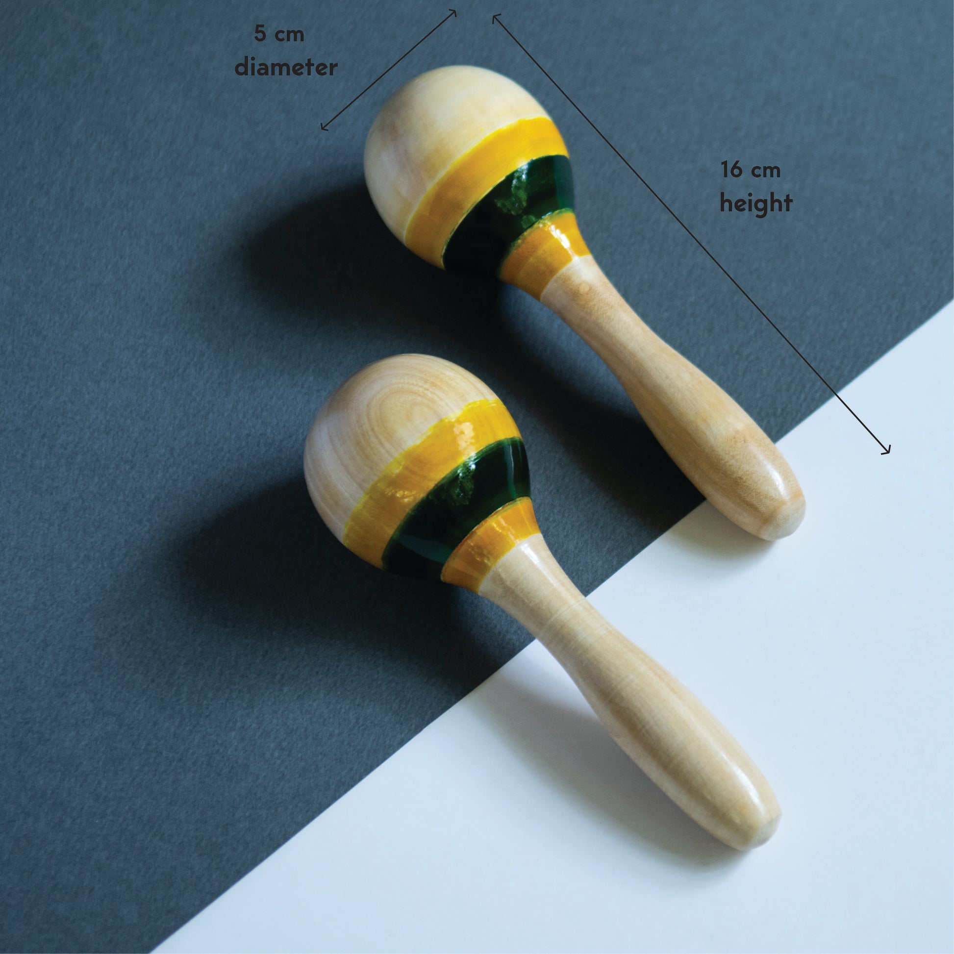 Wooden Maraca Rattle measurement details showing easy-grip handle for babies.