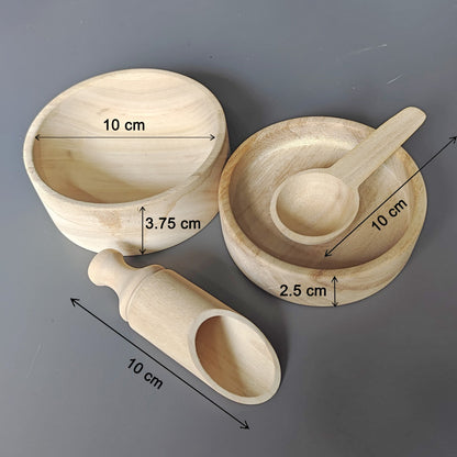Wooden Mega Montessori Activity Box measurement details with bowls, spoons and threading toys.