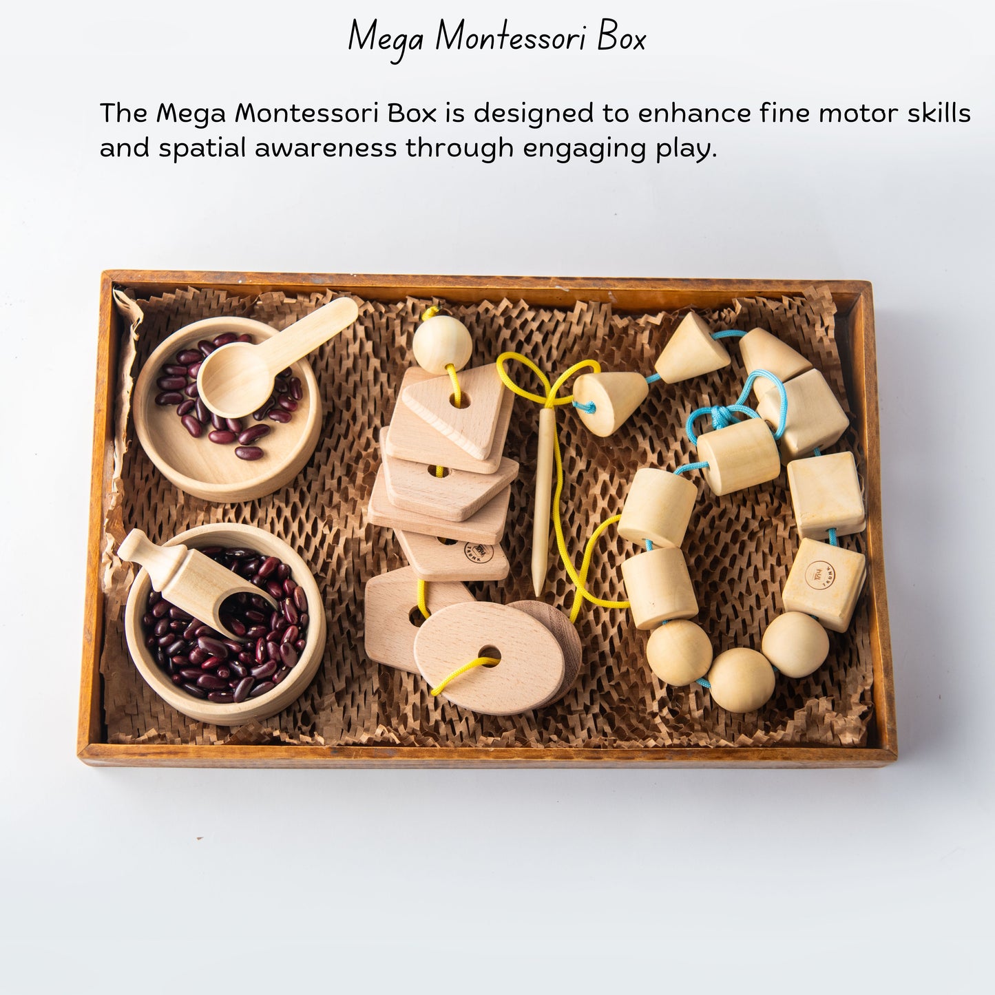 Wooden Mega Montessori Activity Box set for threading, lacing and bowl sorting skills.
