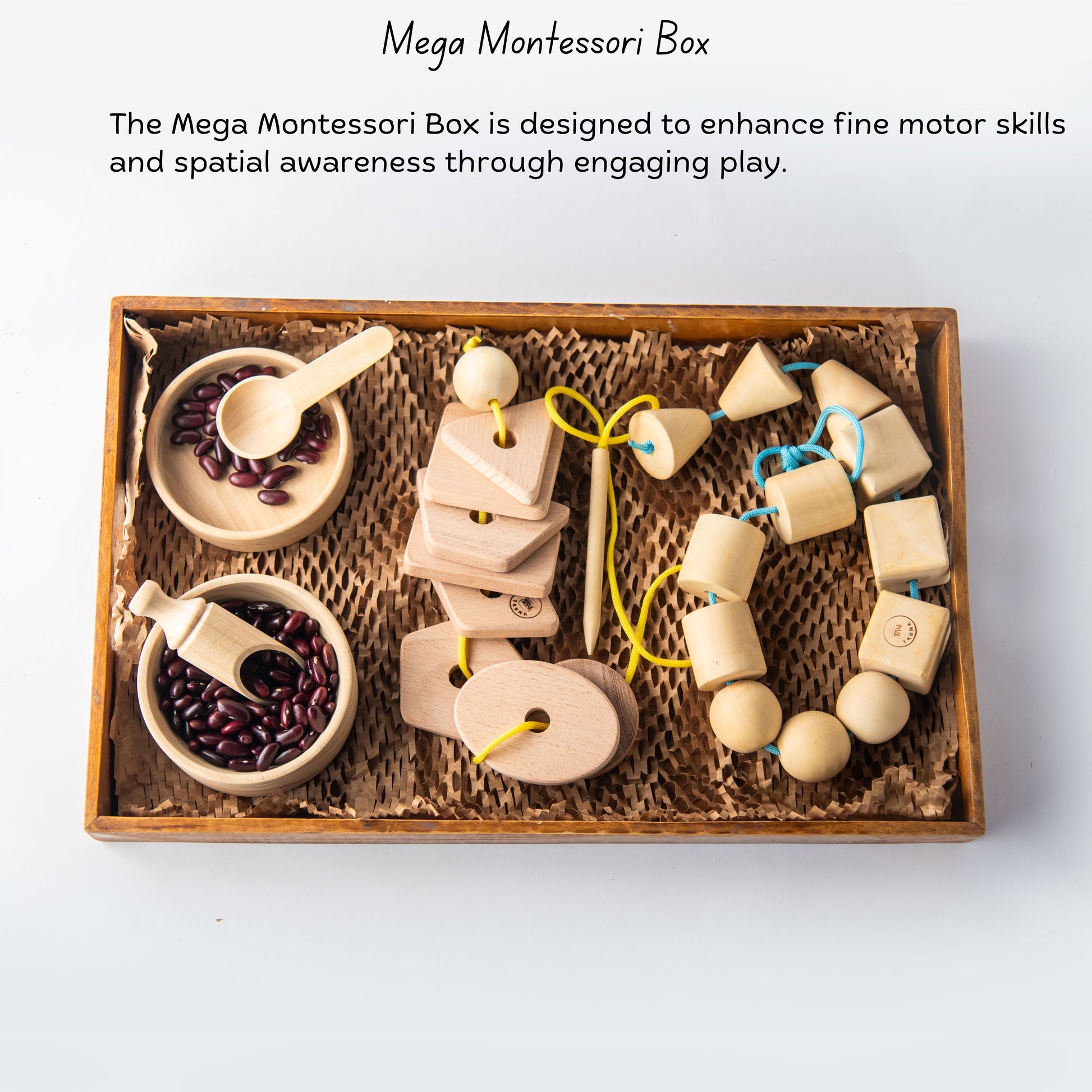 Wooden Mega Montessori Activity Box set for threading, lacing and bowl sorting skills.