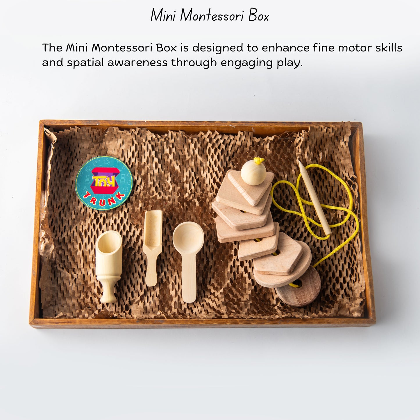Wooden Mini Montessori Starter Box benefits for fine motor skills and sensory play.