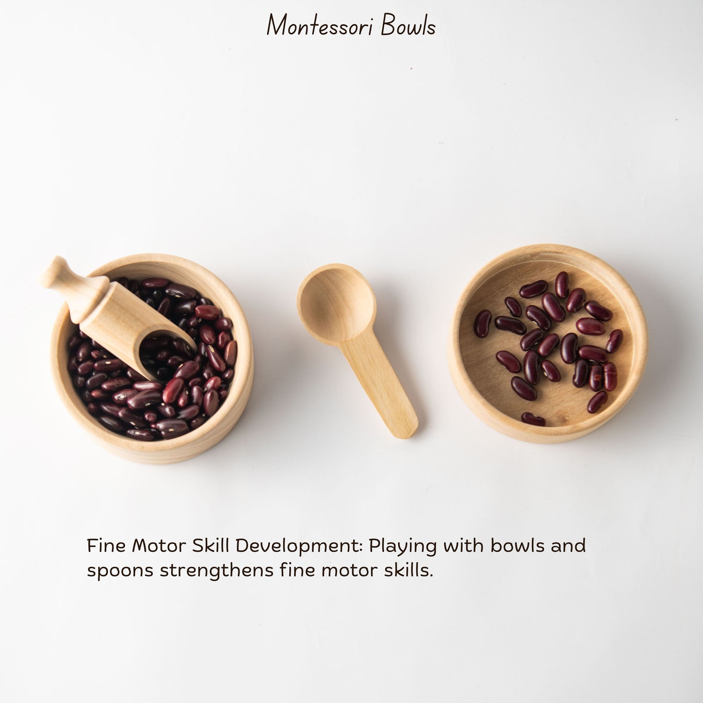 Wooden Montessori Bowls by The Toy Trunk – handmade Montessori wooden toy set with spoons for toddlers developing fine motor skills & wrist movements