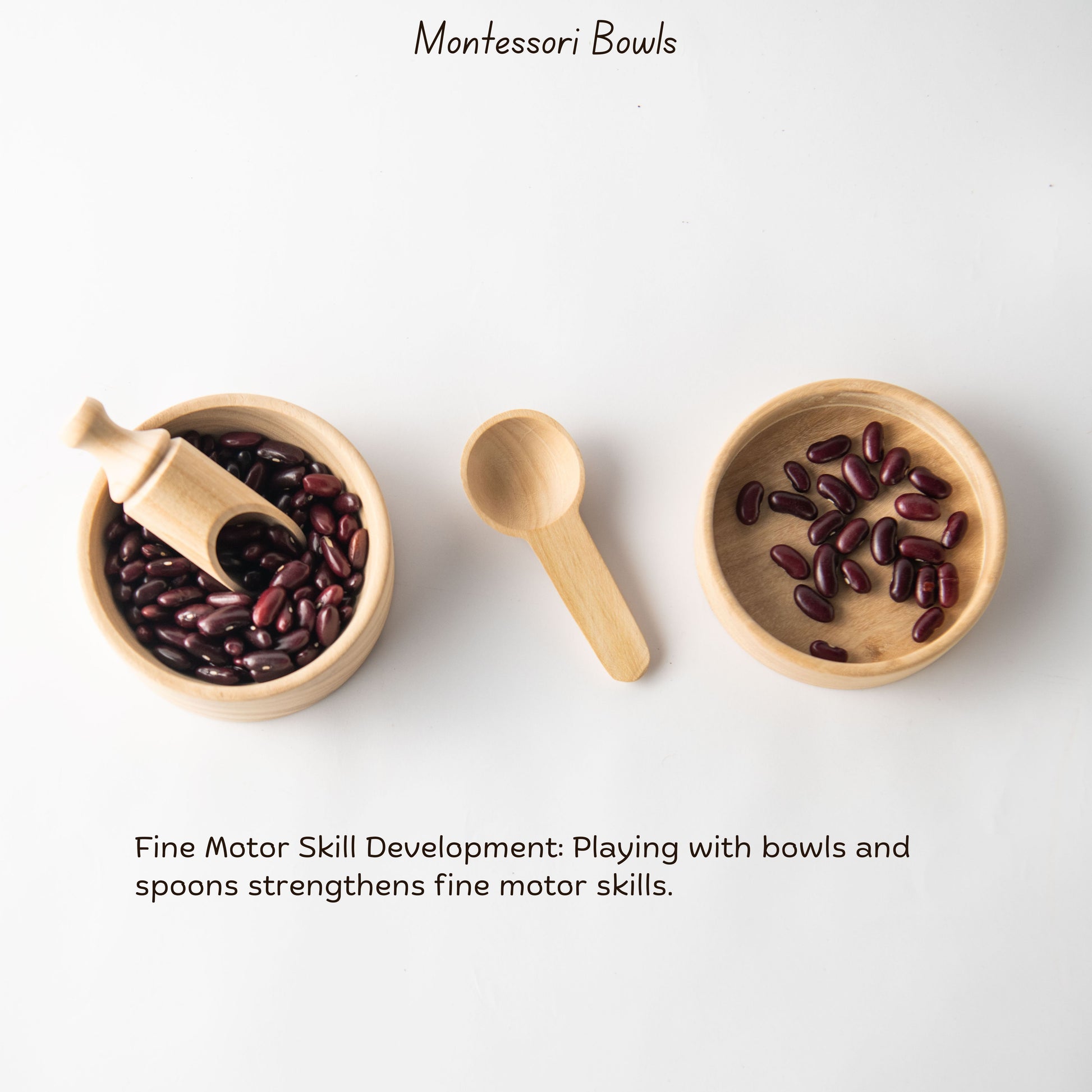 Wooden Montessori Bowls by The Toy Trunk – handmade Montessori wooden toy set with spoons for toddlers developing fine motor skills & wrist movements
