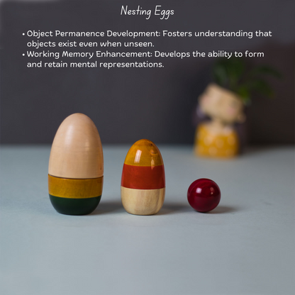 Wooden Nesting Eggs benefits for toddlers, supporting size sequencing and fine motor skills.
