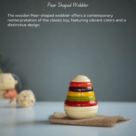 Wooden Pear Shaped Wobbler for kids by The Toy Trunk – handmade, eco-friendly neem wood toy promoting tummy time, crawling & motor skills