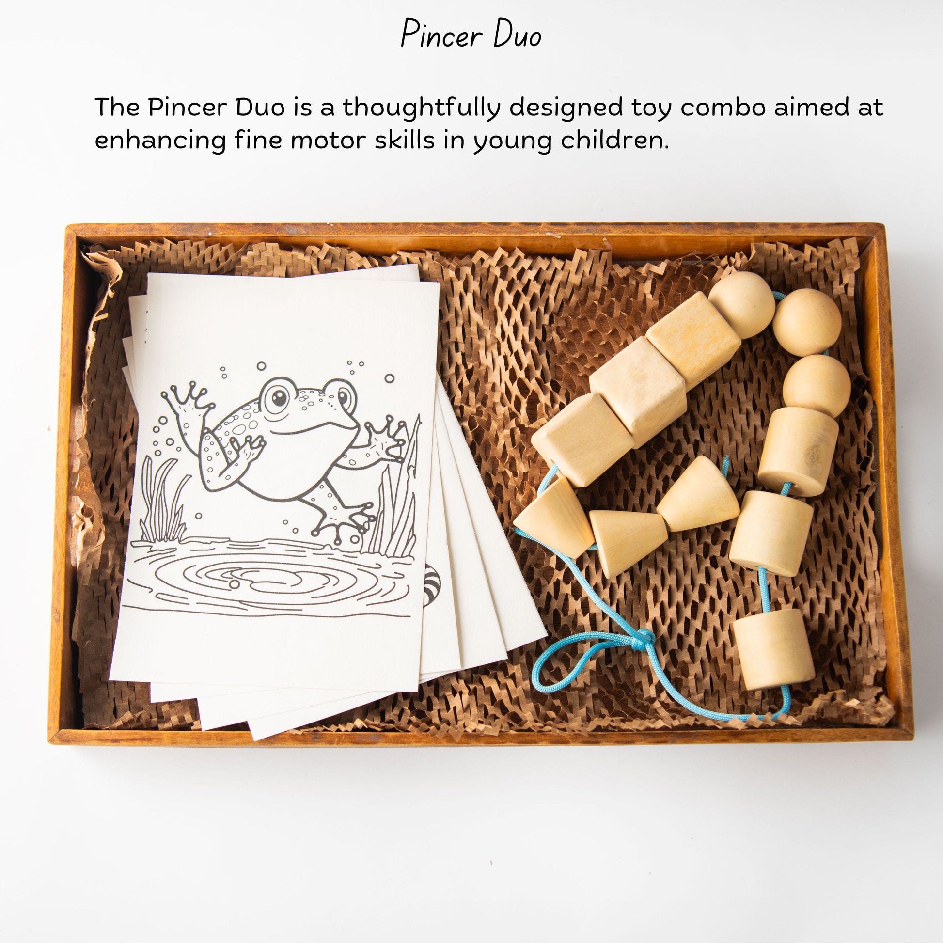 Wooden Lacing Beads and Coloring Papers Duo benefits for fine motor and pre-writing skills.