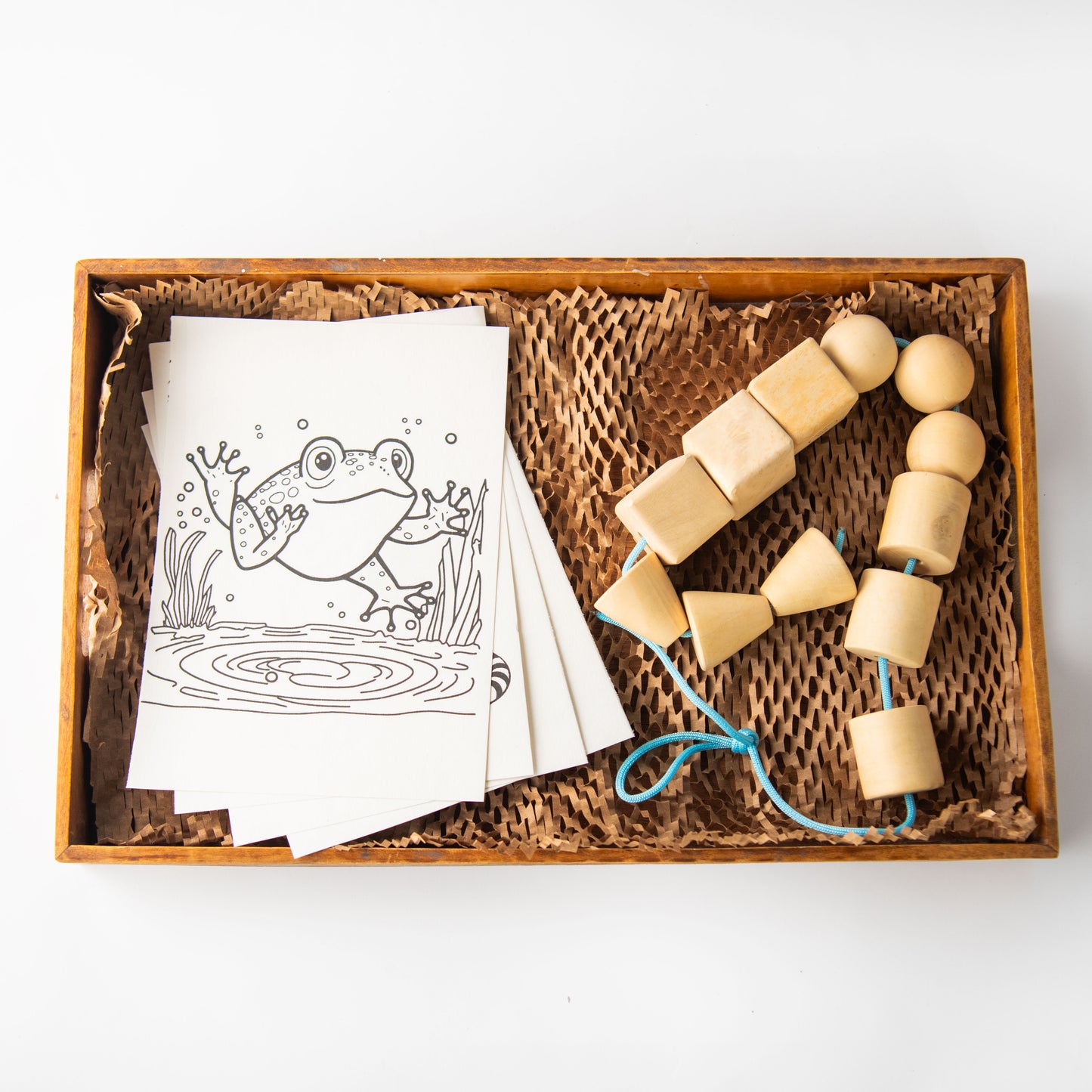 Wooden Lacing Beads and Coloring Papers Duo for kids, Montessori pincer grip toy.