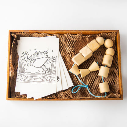 Wooden Lacing Beads and Coloring Papers Duo for kids, Montessori pincer grip toy.