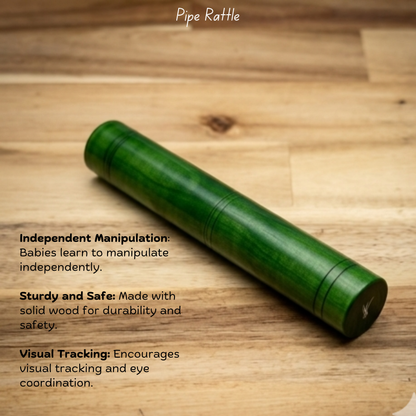 Wooden pipe rattle benefits for babies, supporting grip strength, sound tracking and sensory play.