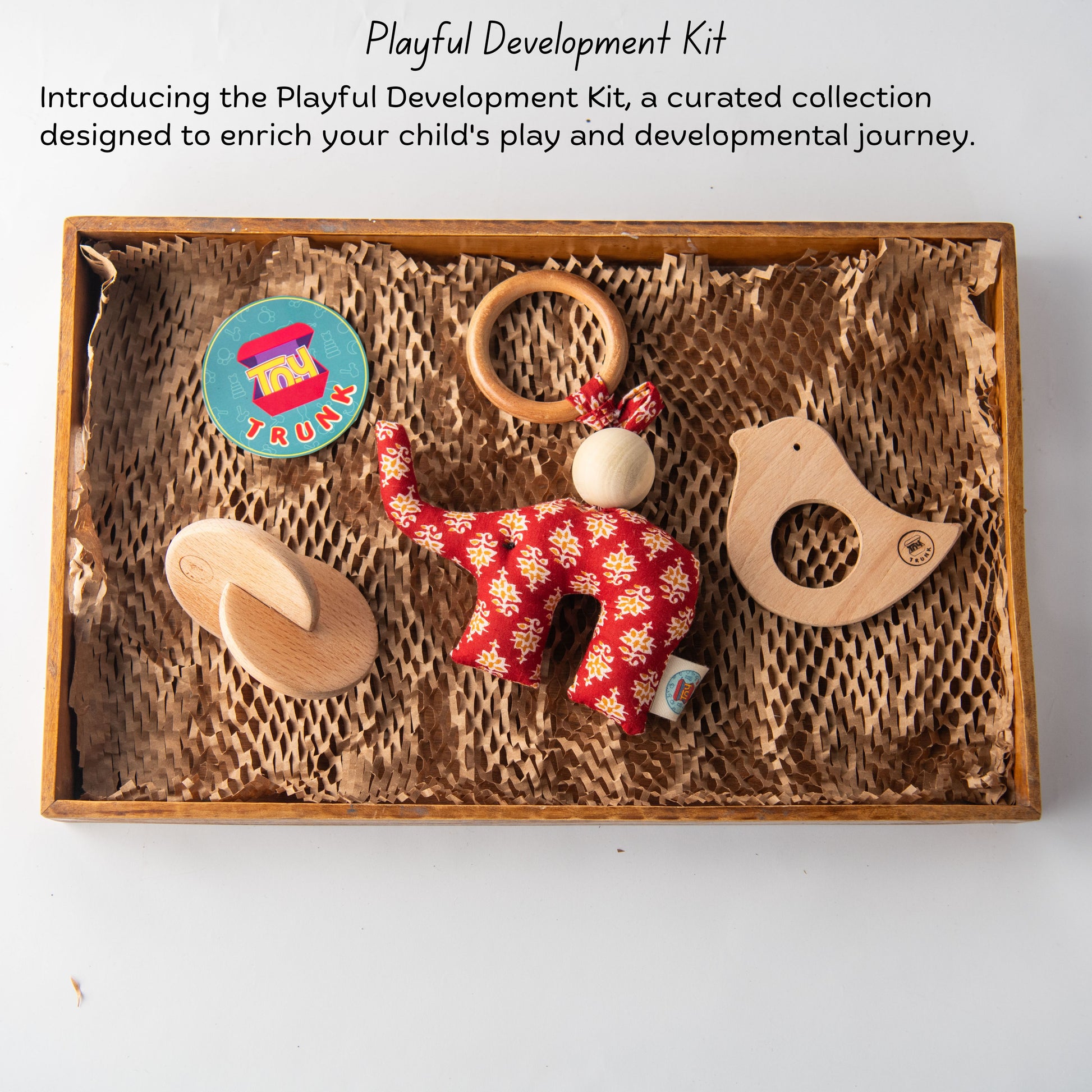 Wooden Playful Development Kit by The Toy Trunk – includes fabric elephant animal toy, bird teether & wooden interlocking disc for babies & toddlers