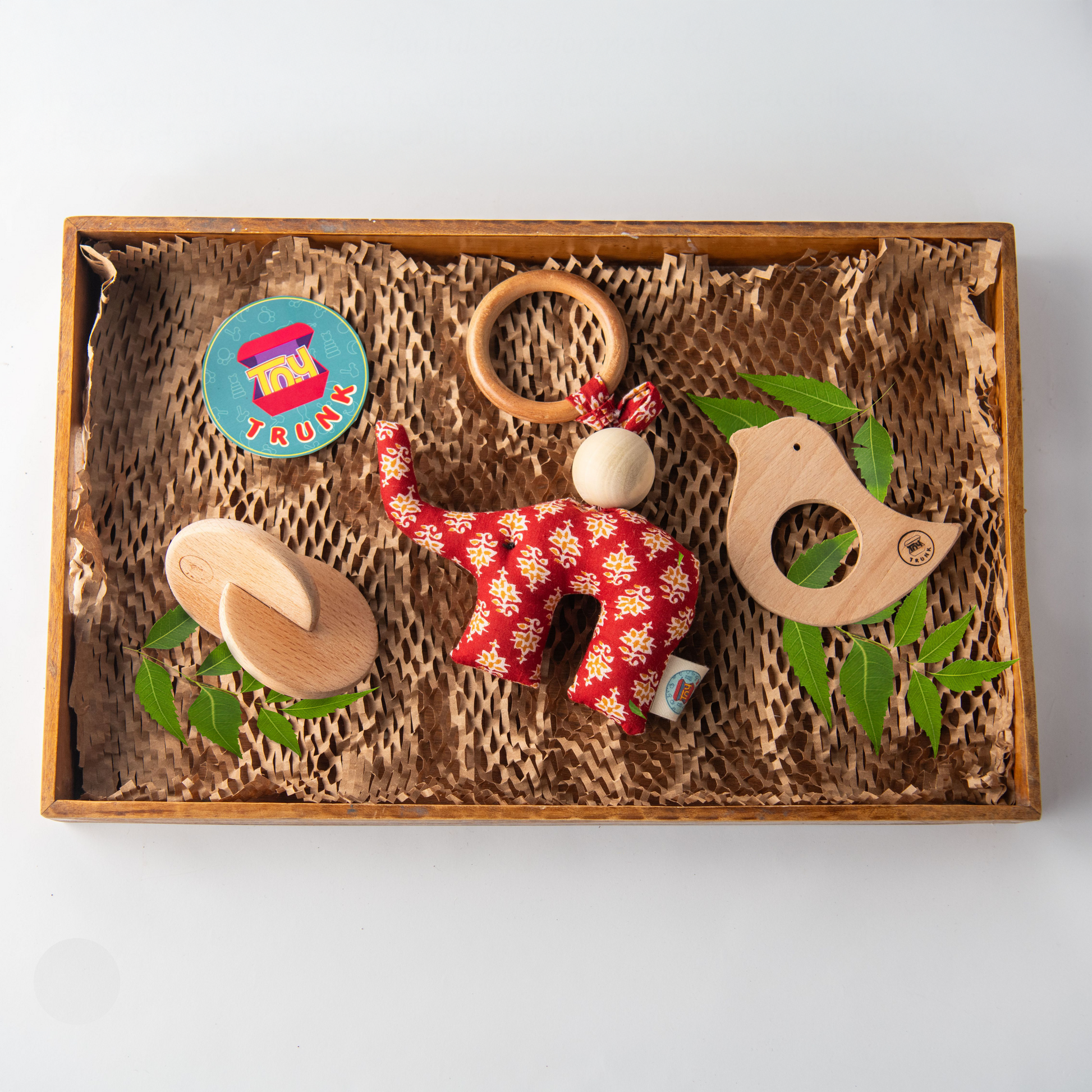 Newborn Sensory Starter Kit – Neem Wood Teether, Soft Elephant & Disc