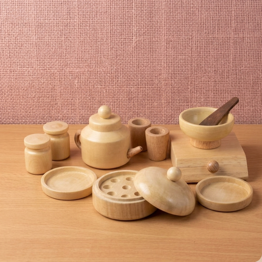 Wooden Indian Breakfast Pretend Play Set with teapot, jars and mortar pestle for kids.