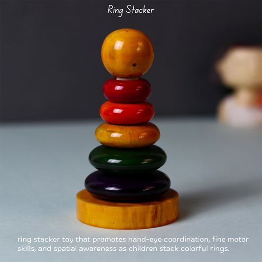 Wooden Ring Stacker by The Toy Trunk – handmade wooden toy made from neem wood for kids to learn color recognition, size sequencing & motor skills