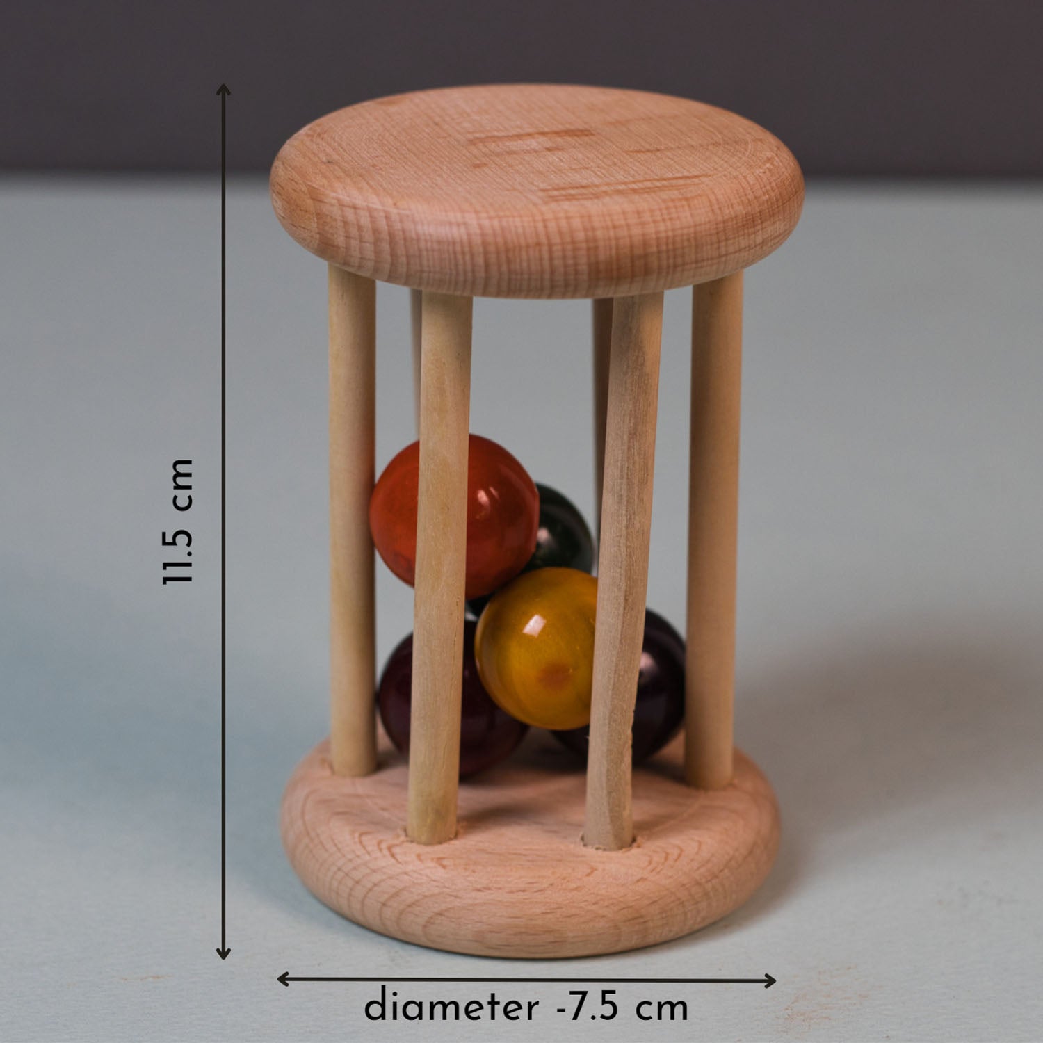 Wooden Rolling Rattle measurements – safe, non-toxic Montessori wooden toy enhancing gross & fine motor skills, hand-eye coordination & spatial awareness
