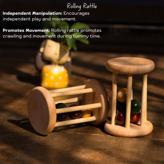 Wooden Rolling Rattle by The Toy Trunk – handmade Montessori wooden sensory toy with colorful beads for infants & toddlers developing motor skills & coordination