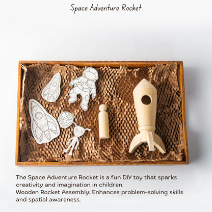 Wooden Space Adventure Rocket DIY toy set with rocket, astronaut peg doll, and paintable space-themed backdrop for kids aged 5+