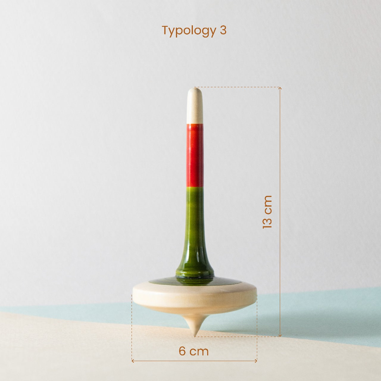 Handmade wooden spinning top measurement details for kids 3+ years.