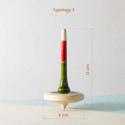 Handmade wooden spinning top measurement details for kids 3+ years.