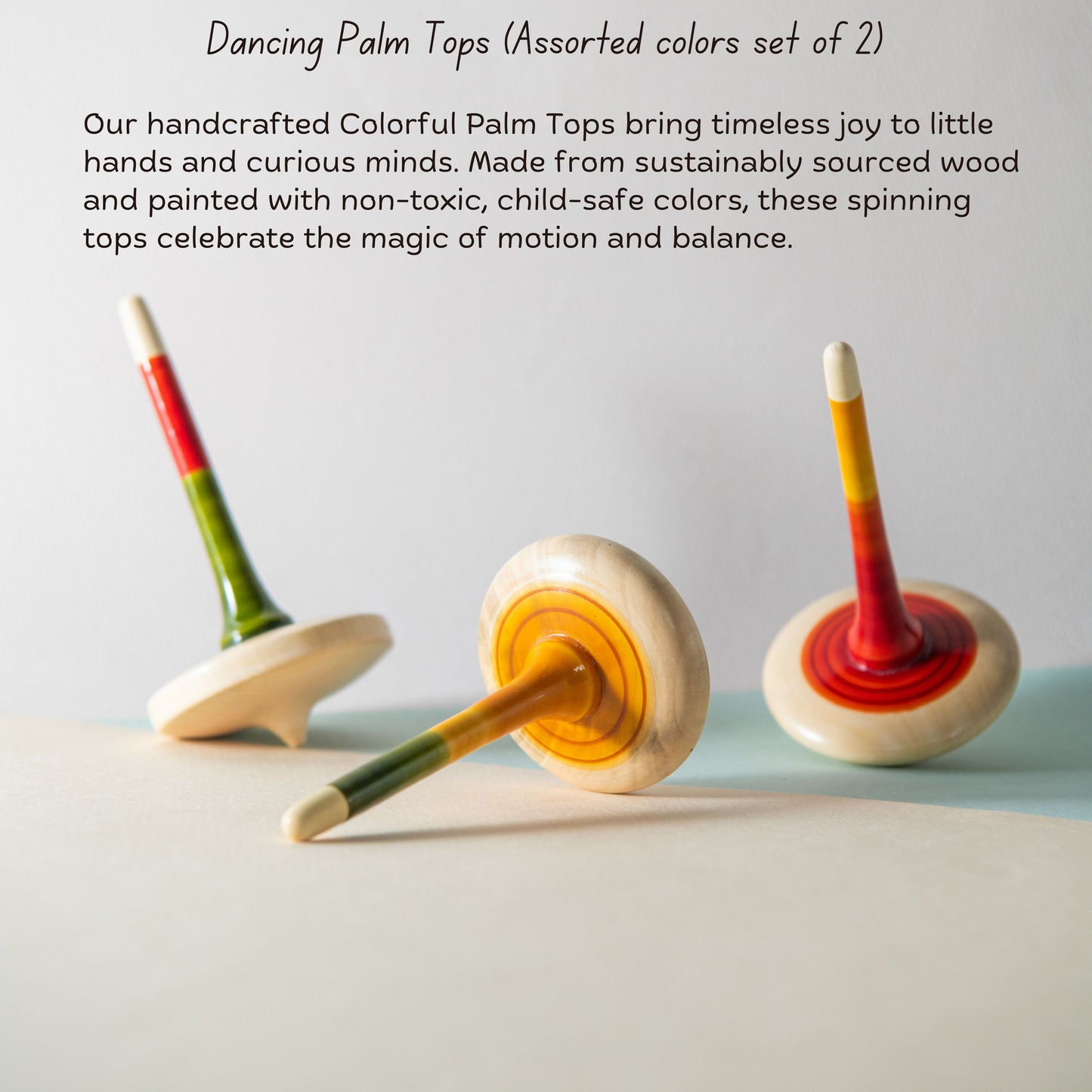 Wooden spinning tops benefits for focus, fine motor skills and hand-eye coordination.