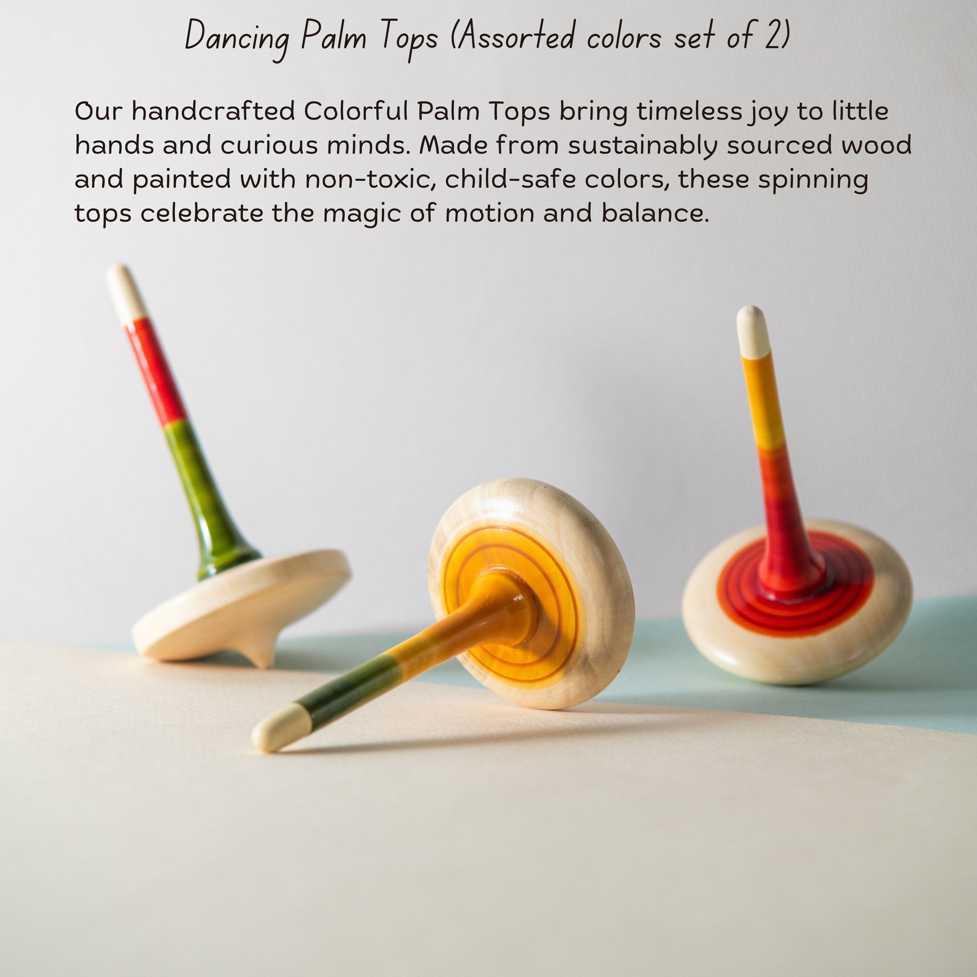 Wooden spinning tops benefits for focus, fine motor skills and hand-eye coordination.
