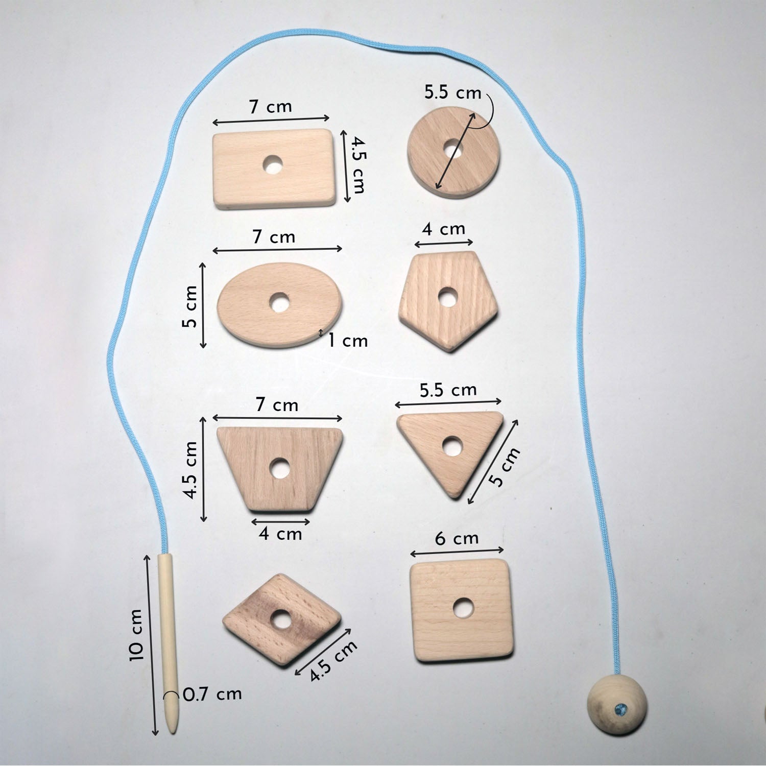Wooden Geometric Threading Shapes measurement details for kids 2–5 years.