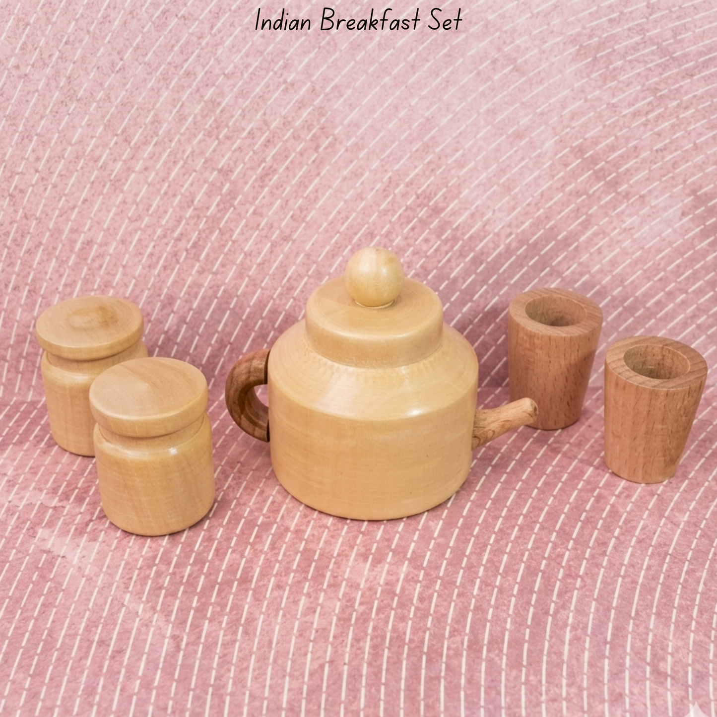 Wooden teapot, cups and storage jars for Indian pretend play kitchen set.