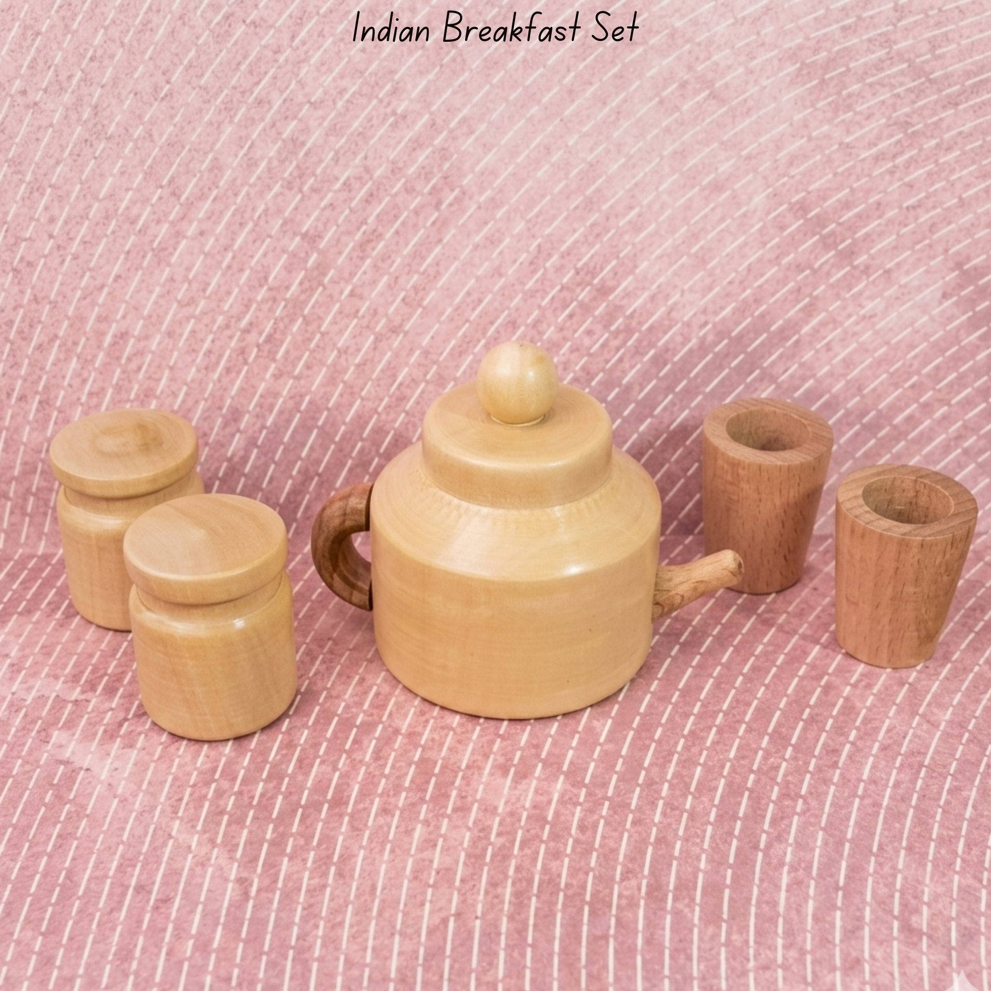 Wooden teapot, cups and storage jars for Indian pretend play kitchen set.
