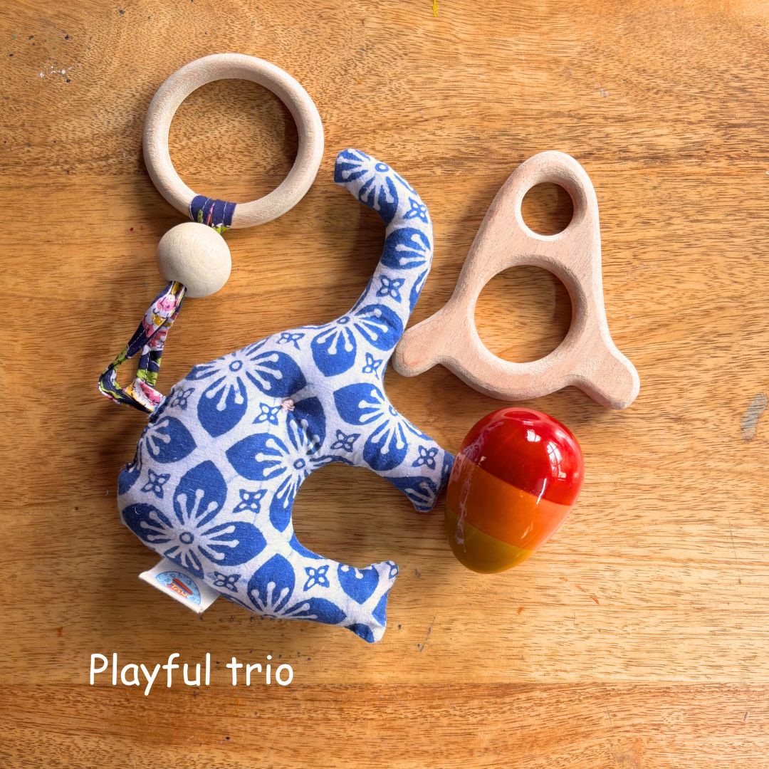 Wooden Playful Trio Baby Set with soft elephant toy, neem teether and egg rattle.
