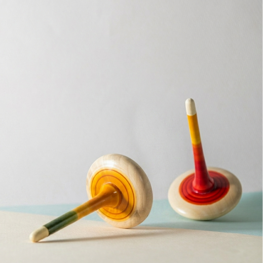 Handmade Wooden Spinning Tops Set of 2 for kids, traditional lattu toy by The Toy Trunk.